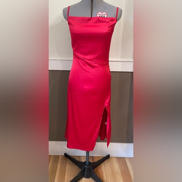 Satin Drape Neck Strappy Midi Party Dress Sz M Split Slit Red Sleeveless Cowl - Picture 2 of 16